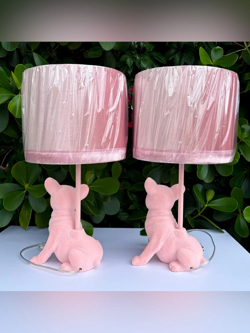 Pink Suede Frenchie French Bulldog Lamp Dog Puppy Velvet Fringe Shade (on right) - Picture 7 of 13